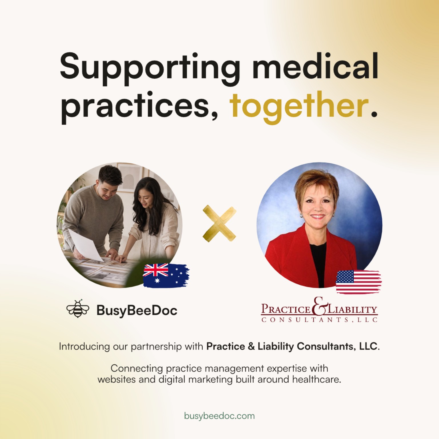 Supporting medical practices, together. BusyBeeDoc founders Joshua Ho and Sharon Sheah alongside Debra Phairas, with the BusyBeeDoc and Practice & Liability Consultants, LLC logos.