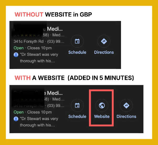 Google Business Profile edit screen showing where to add website URL