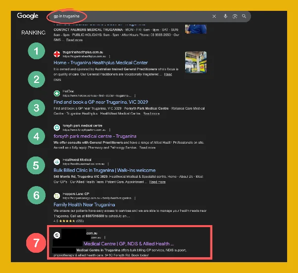 Google search results showing GP clinic ranking on page 1