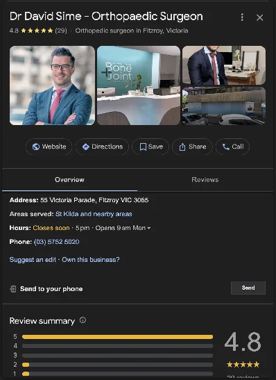 Dr David Sime's Google Business Profile showing professional setup with photos and reviews