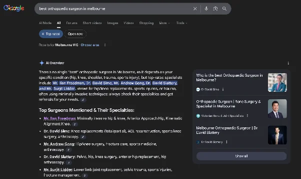 Google AI Overview showing top orthopaedic surgeons in Melbourne